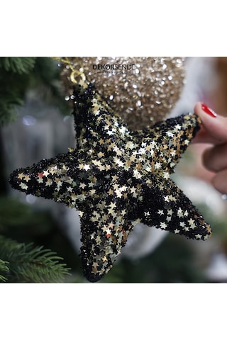 Yılbaşı Süsü Pullu Yıldız Siyah Altın 15 Cm