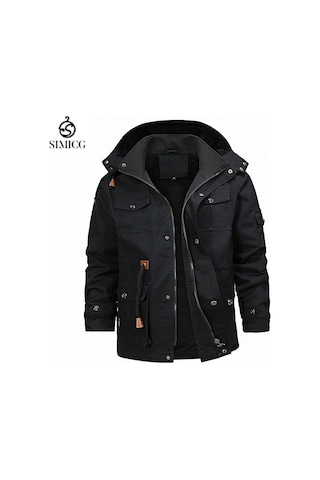 Orta Uzunlukta Pamuklu Dolgulu Ceket, Kalınlaştırılmış Pamuklu Dolgulu Ceket, Kürk Yaka, Sıcak Erkek Kışlık Polar Astarlı Ceket Siyah