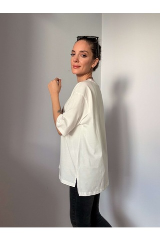 Ali Butik Ekru Kadın Baskılı Tişört Ekru