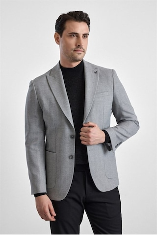 Süvari Gri Slim Mono Yaka Torba Cep 6 Drop Klasik Ceket Ct2021600416-s05