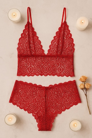 Moda Dua Kadın Kırmızı Dantel Bralet Şort Takımı Tutkulu Ve Çekici İç Giyim