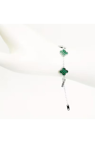 Çelik Bileklik Dört Yapraklı Küçük Yonca Yeşil Çizgili Sedef Taşlı Uzunluk 18 Cm Gümüş Gümüş