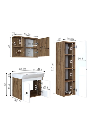 Ada Lavabolu Banyo Alt Dolabı + Banyo Üst Dolap + Banyo Boy Dolap Atlantik Çam - Beyaz