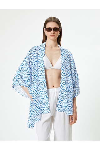 Koton Oversize Kimono Kısa Geniş Kollu Viskoz Kumaş Etnik Desenli Lacivert Desenli 4sak80019mw Lacivert