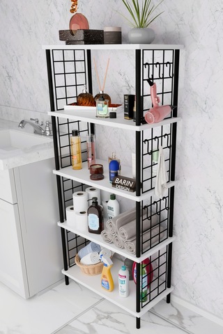 5 Raflı Çevir-kur Raf Ünitesi Telli Metal Gövdeli Organizer Banyo, Mutfak, Balkon, Antre Uyumlu Beyaz