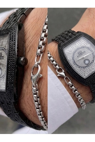 Erkek Taş İşlemeli Çelik Kol Saati Lüks Quartz Erkek Saati Premium Tasarım Bileklik Hediyeli Şık Erkek Kol Saati Siyah-25 Cm
