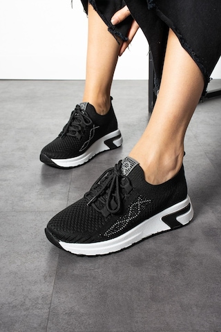 Shoetek Luminita Kadın Sneakers Bağcıklı Triko Dokumalı Yandan Taşlı Spor Ayakkabı Siyah Siyah