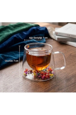 2li El Yapımı Gerçek Kuru Çiçekli Çift Cidarlı Cam Kupa Hediyelik Tasarım Çay Fincanı 250ml. Şefaf