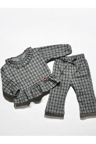 Kız Bebek Kareli Bebek Yaka Örme Pantolonlu Takım-14882 Gri