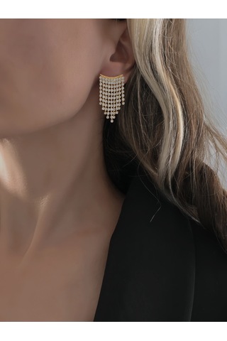 Sallantılı Minimal Beyoğlu Taşlı Gümüş Renk Küpe Altın