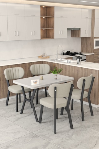 Gnr 70x110cm Sabit Beyaz Mutfak Masası Takımı, Yemek Masası, 4 Modern Krem Sandalye Krem