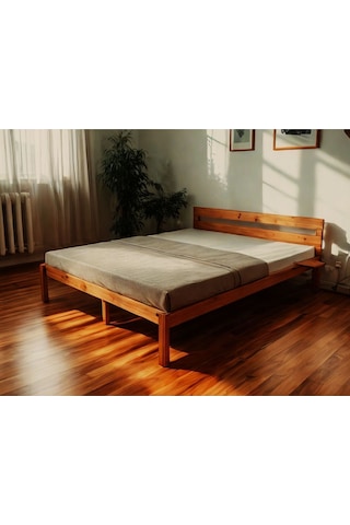 Masif Ahşap Trend Karyola Ceviz Renk + 2 Adet Simple Yatak Kenarı Rafı Hediyeli 180x200