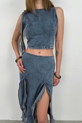 Defymoda Fırfır Detay Denim Bluz Açık Mavi
