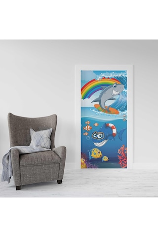 Kapı Giydirme Kapı Sticker Folyosu Köpek Balığı Gökkuşağı
