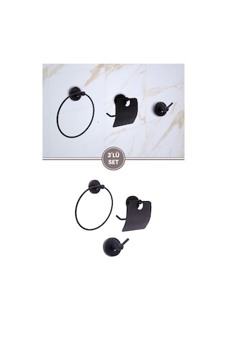 Vidalı Lavabo Banyo Wc Bez Havlu, Çatal Askı Ve Tuvalet Kağıtlık 3'lü Set Siyah Metal Siyah