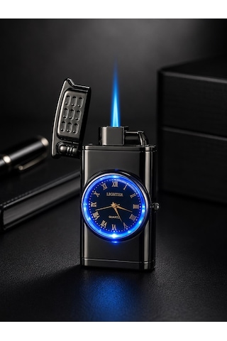 Premium Saatli Led Işıklı Jet Alevli Metal Çakmak Özel Lüks Çakmak Prestij Hediye Dolu Gönderim Füme