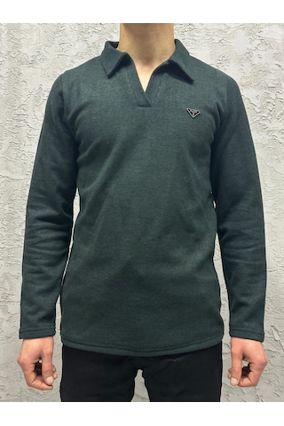 Selanik Örgü Yakalı Patlı Erkek Sweatshırt Nefti Yeşil