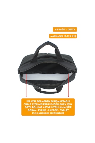 17"-17,3" İnç Laptop Evrak Çantası Tablet A4 Kağıt Ve Dosya Uyumlu Darbe Emici Koruma Omuz Askılı Siyah