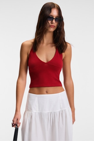 Grımelange MORIENNE Kadın Halter Yaka Kalın Askılı Sırtı Açık Crop Kırmızı Bluz