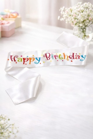 Kuşak Saten Happy Birthday Beyaz Üzeri Renkli Baskılı Doğum Günü Tüm Yaşlar