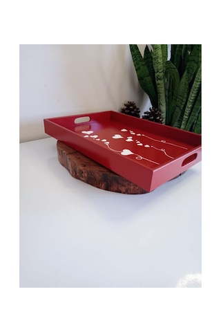 Yeni Yıl Tepsisi Ahşap Dekoratif Kahve, Çay, Söz, Nişan, Sunum , Servis Tepsisi Kırmızı