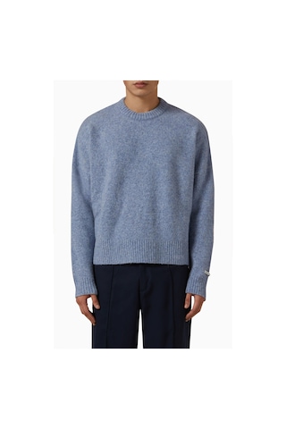 About Blank Mohair Örgü Logo Kazak, Intarsia Logolu Tasarım Mavi