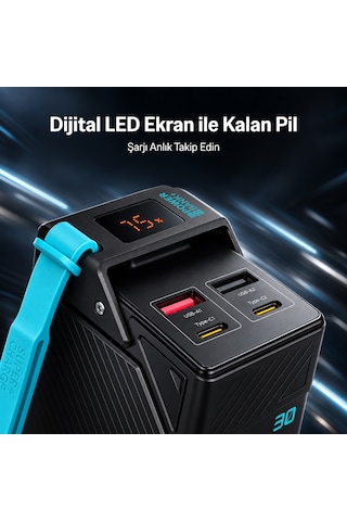 Bix Pb3010w 30000mah 65w Süper Hızlı Şarj Askı Tasarımlı Powerbank 4 Portlu Dijital Göstergeli Type-c Pd Taşınabilir Şarj Cihazı Siyah