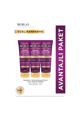 Keratin & Kolajen Onarıcı Dolgunlaştırıcı Saç Bakım Kremi 3 X 250 Ml İnce Ve Yıpranmış Saçlar
