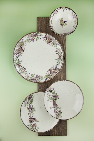 Retro Birds Porselen Akıtma 6 Kişilik 24 Parça Yemek Takımı Bej