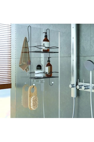 Duşakabin Banyo Rafı Şampuanlık 2 Katlı Askılı Siyah Geniş Siyah