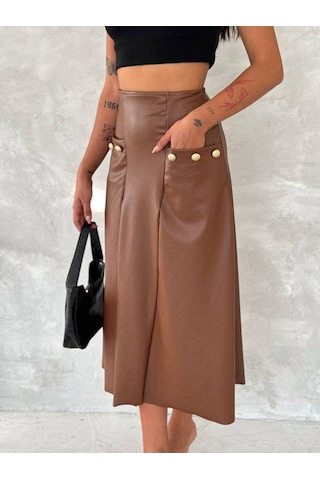 Kadınyüksek Bel Cep Ve Düğme Detay Fırsat Ürün Midi Boy Deri Etek Kahve