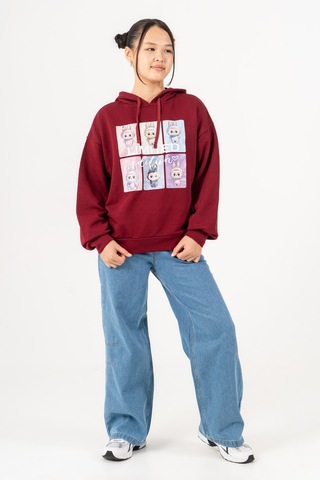 Kız Çocuk Labubu Baskılı 3 İplik Kışlık Şardonsuz Sweatshirt 4540 Bordo