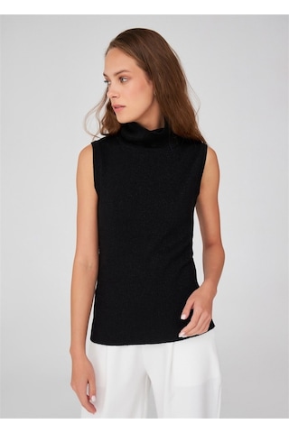 Peraluna Simli Balıkçı Yaka Kolsuz Kadın Triko Bluz Siyah-Siyah