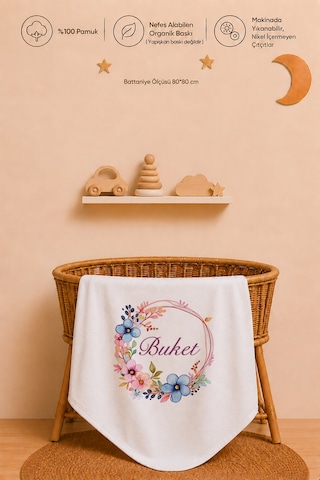 Kız Bebek Hediyesi İsme Özel 80x80 Cm Çift Kat Penye Bebek Battaniyesi %100 Pamuk Ham Bez Kıyafet Keseli 1036bk3x Ekru