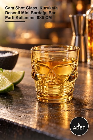 5 Adet Kurukafa Cam Shot Bardağı Cam Shot Glass, Kurukafa Desenli Mini Bardağı, Bar Parti Kullanımı, 6x5 Cm