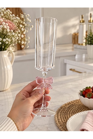 Qerhome Pembe Fiyonk Tasarımlı Dikey Çizgili Kahve Yanı Sunum Ve Şampanya Kadehi 2 Adet Şeffaf