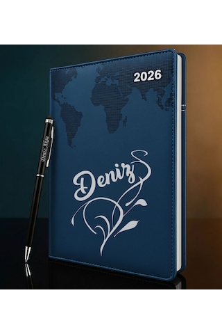 Bk Gift Kişiye Özel İsimli Termo Sert Kapak 2026 Lacivert Ajanda & Kalem -5, Öğretmenler Günü Hediyesi, Yeni İş Hediyesi 35323 Bk Gift Renkli