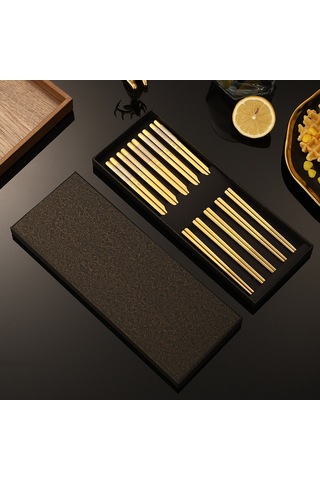 Springsun 304 Paslanmaz Çelik Kaymaz Yemek Çubukları Seti - 5 Çift Hediye Paketli Altın