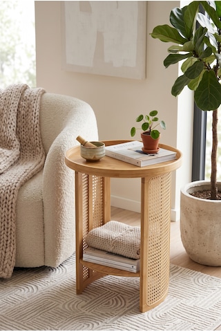 Robin Home Doğal Bambu Rattan Yan Sehpa Tepsili Yuvarlak Dekoratif Sehpa Bej