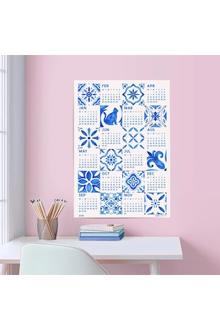 2027 Azulejo Duvar Takvimi Portekiz Mavi Karo Sanatı Suluboya Akdeniz Desenleri