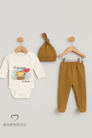 Babyden's Babasının Aslanı Baskılı 3 Lü Bebek Takımı Uzun Kol Çıtçıtlı Zıbın, Pantolon, Bere %100 Pamuk Açık Kahverengi