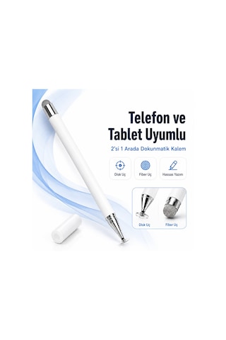 Xiaomi Redmi Pad 2 İle Uyumlu Çift Uçlu Dokunmatik Kalem Disk Fiber Uç Beyaz