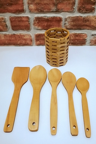 Yuvarlak Bambu Standlı - Ahşap Kaşık Spatula Servis Seti -6 Parça