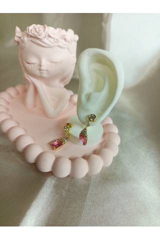 Pembe Taşlı Bronz Küpe