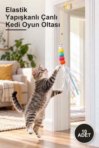 10 Adet Elastik Yapışkanlı Çanlı Kedi Oyun Oltası