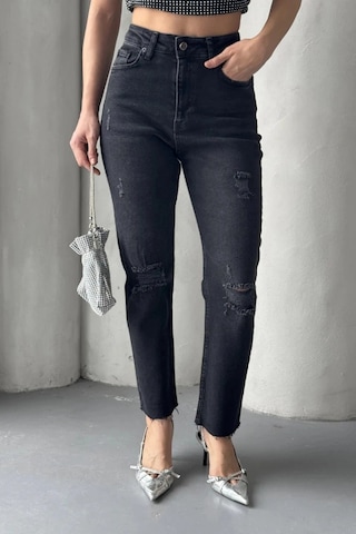 Kadın Antrasit Yırtık Detaylı Mom Jean Yüksek Bel Rahat Kalıp Denim Pantolon