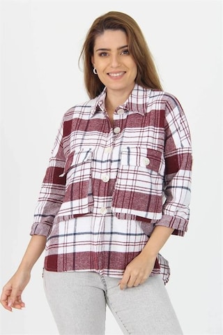 Neşeli Butik Kadın Katlanabilir Kol Cep Detaylı Ekose Oduncu Gömlek Nb9020 bordo