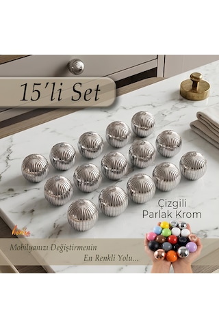 15 Adet Sert Plastik Düğme Yuvarlak Top Çizgili Parlak Krom Dolap Mobilya Mutfak Dolabı Çekmece Kulbu Kulpu Kulplar