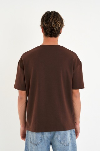 Blank Unisex Oversize Geniş Kesim Tişört %100 Pamuk Kalın Dokulu Bisiklet Yaka T-shirt Kahve