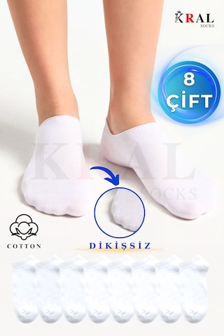 Kral Socks Kadın - Erkek 8 Çift Cotton Dikişsiz Soft Görünmez Penye Patik Bilek Çorap Beyaz